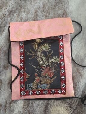 Pink Embroidered Bag With Button Closure